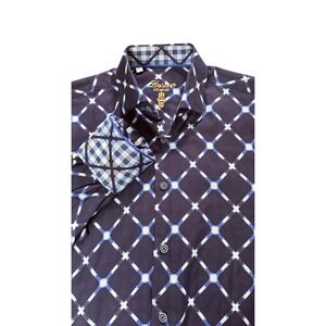 Luchiano Visconti Mens Navy Blue Geometric Lattice Cotton Button Down Shirt M